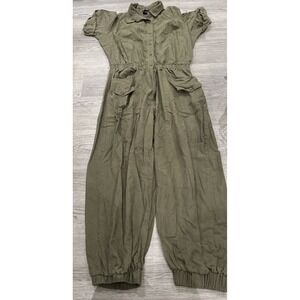 Ashley Stewart Olive Green Utility Jumpsuit Satin Pockets SZ 18